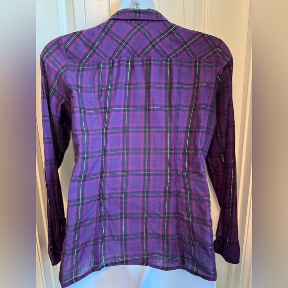 Guess Cowgirl Snap Front Purple/Black Metallic Thread Plaid Long Sleeve Shirt XL - Picture 5 of 7